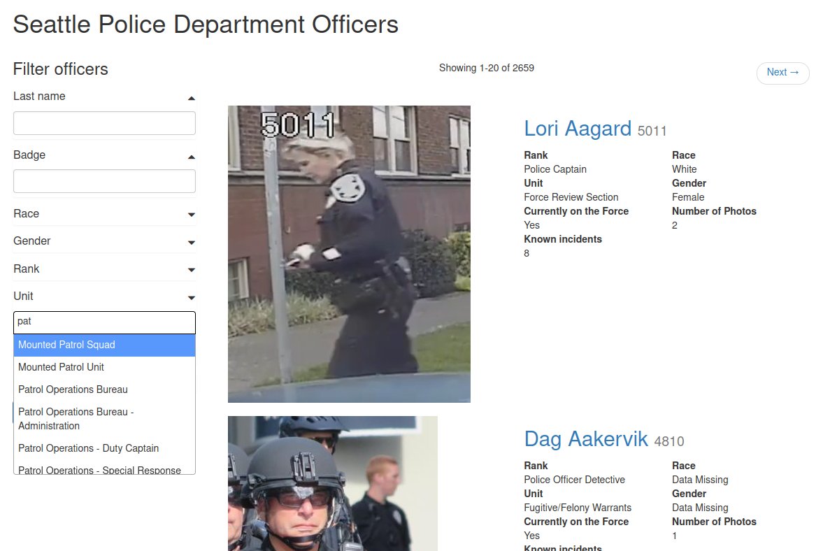 TechBlocSEA's tweet photo. OpenOversight v1.3.1 released - Unit and Rank fields now have text search! Rather than scrolling miles and miles through the list, you can now start typing and the list will filter down to what's available. Try it out yourself! 
https://t.co/JEFRo18CU5 #SeattleProtests https://t.co/KbPlQGtxU1