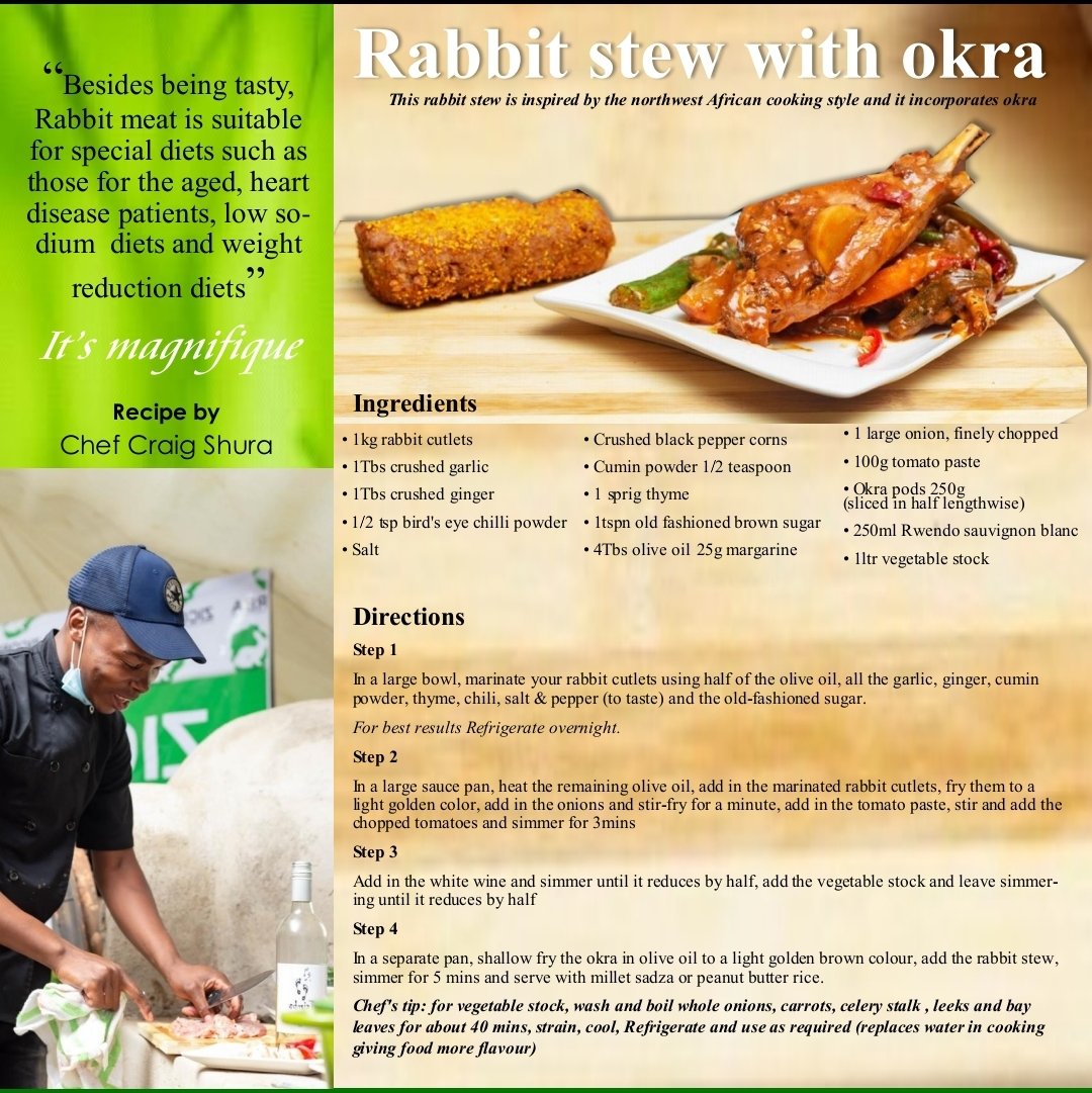 RabbitZimbabwe's tweet photo. Hoza Fryer-Friday everyone. This Friday we feature one of the dishes from the inaugural ZICORBA Rabbit Cook-Off competition by Chef Craig Shura. "Rabbit Stew with Okra" is a dish inspired by the Nortwest African cooking style that incorporates okra.#letsmakezicorbagreat 
#zicorba https://t.co/9DO7IVmNEV