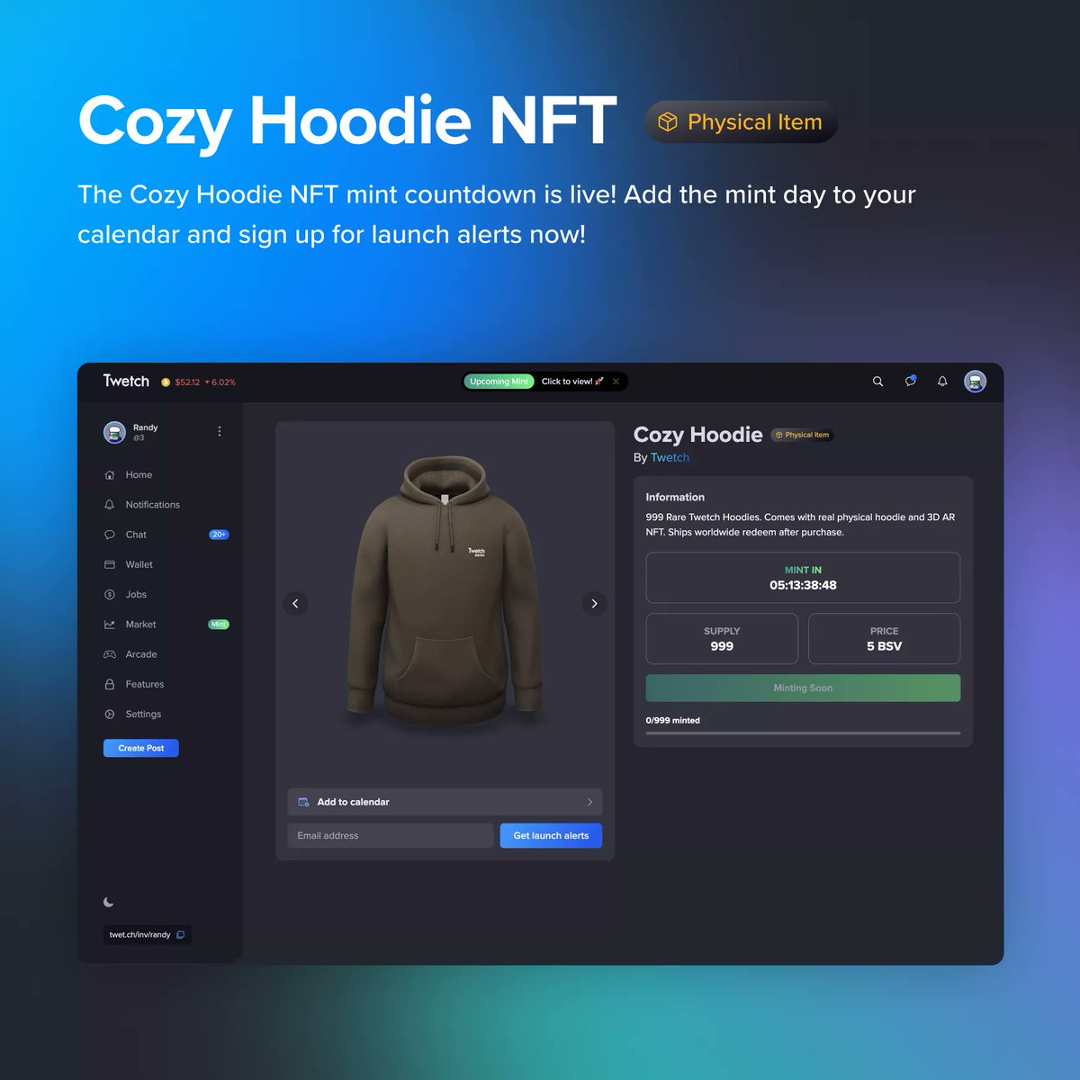 twetchapp's tweet photo. Mint countdown page is live!!! 

Cozy Hoodies NFT mint launches Wednesday June 22, 2022 at 2:22pm ET 🚀🚀🚀

You don't want to miss this. Sign up for launch alerts and add the event to your calendar NOW 👇

https://t.co/p9ihdKVICu https://t.co/tb1RqkeDTB