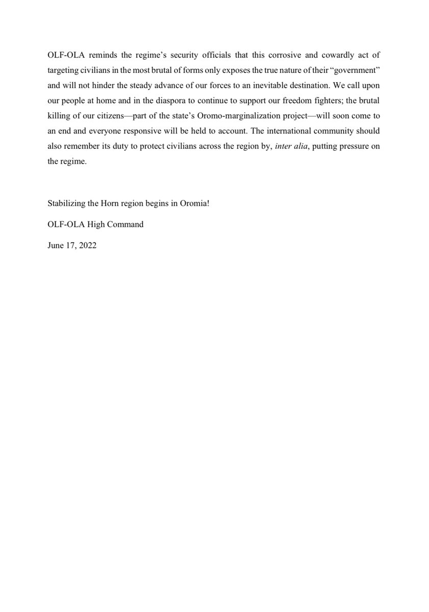 WboPR's tweet photo. Targeting of Oromo Civilians can never Reverse the Course of our Advance!
(OLF-OLA Press Release) https://t.co/1uzmwEPHH1