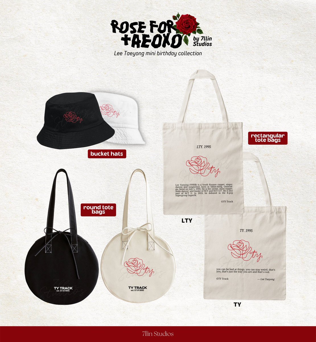 Rose for TAEOXO 🌹

A tote bags &amp; bucket hats collection for Lee Taeyong’s Birthday! 💗 

Interest Check IC below ⬇️