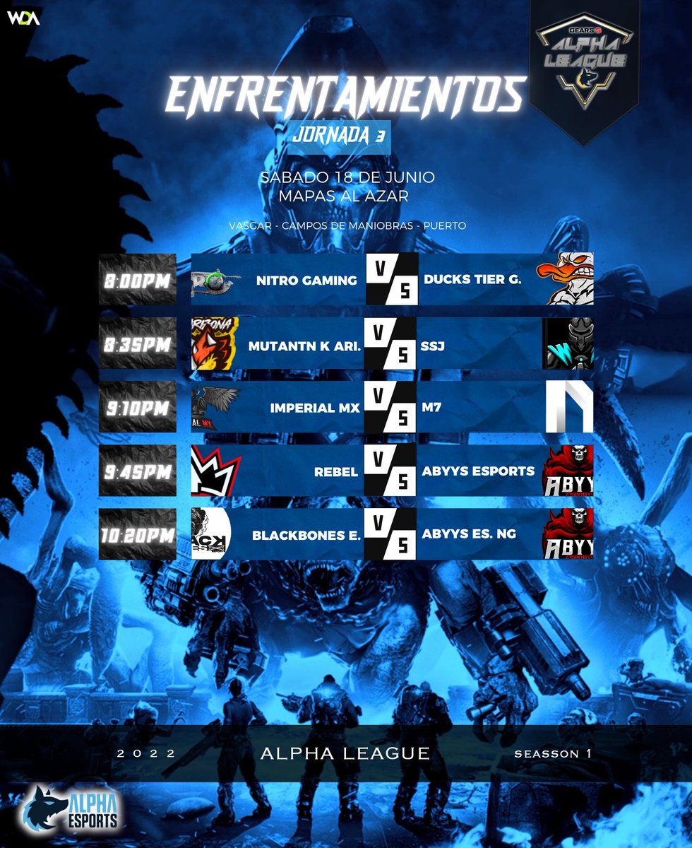 Enfrentamientos del sábado 18 de junio
#ALPHALEAGUE

<a href="/NitroGamingof/">Nitro Gaming</a> 
<a href="/DuckTierGaming/">Ducks Tier Gaming</a> 
<a href="/MutanKArizona/">Mutant K' Arizona</a> 
<a href="/Org_SSJ/">SSJ eSports</a> 
<a href="/ImperialMX1/">Imperial México</a> 
<a href="/RebelGG_/">REBEL</a> 
@AbyysEsports 
@BlackB_Esports
