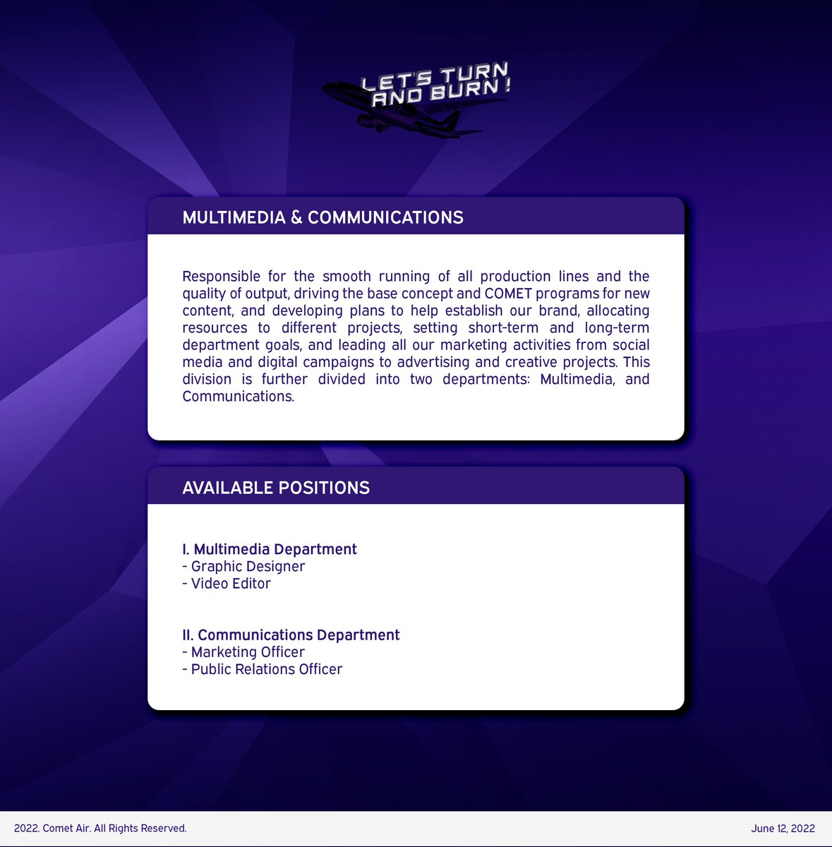 ㅤ

A new frontier awaits! It's never too late to learn new things, and we're here to be your guide.

More information about the core responsibilities of our friends in MULTIMEDIA &amp; COMMUNICATIONS can be found below. Apply now: tinyurl.com/TheAirline
ㅤ
ㅤ