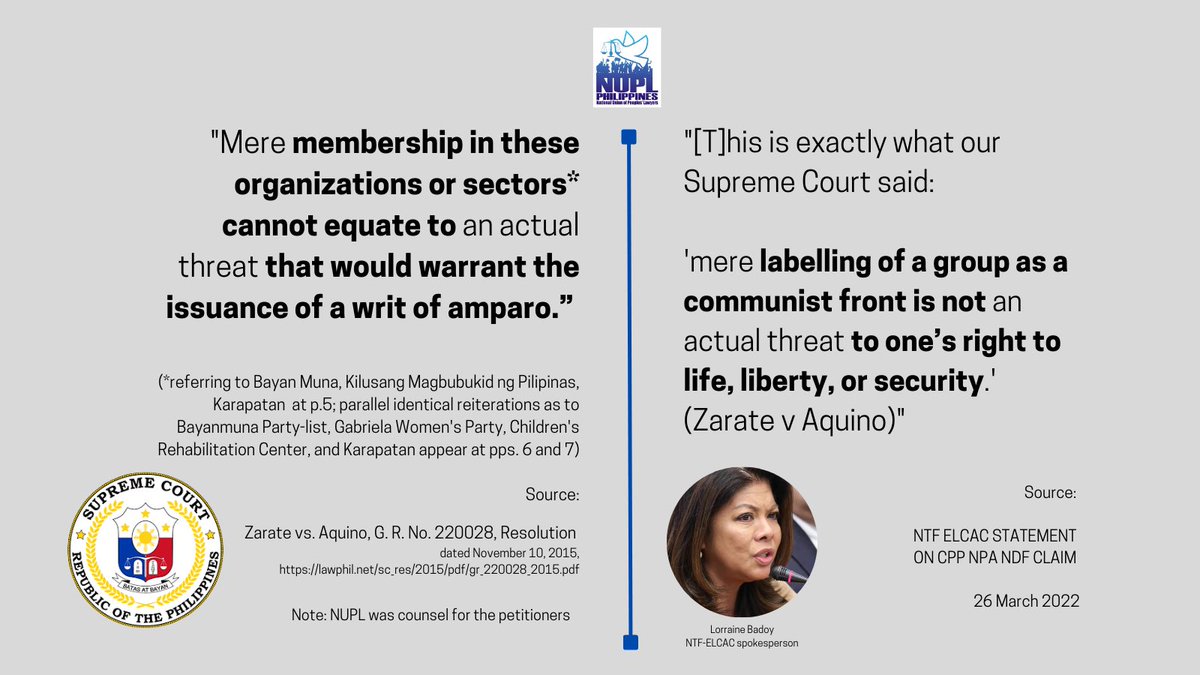 OlaliaEdre's tweet photo. Usec Badoy repeated her spin of a Supreme Court decision when she said that: "We also find it unfortunate that no less than a Justice Secretary seems ignorant that our Supreme Court has ruled, in Zarate vs Aquino, that there is no danger to life, liberty and security when you are https://t.co/SysskpOBSR