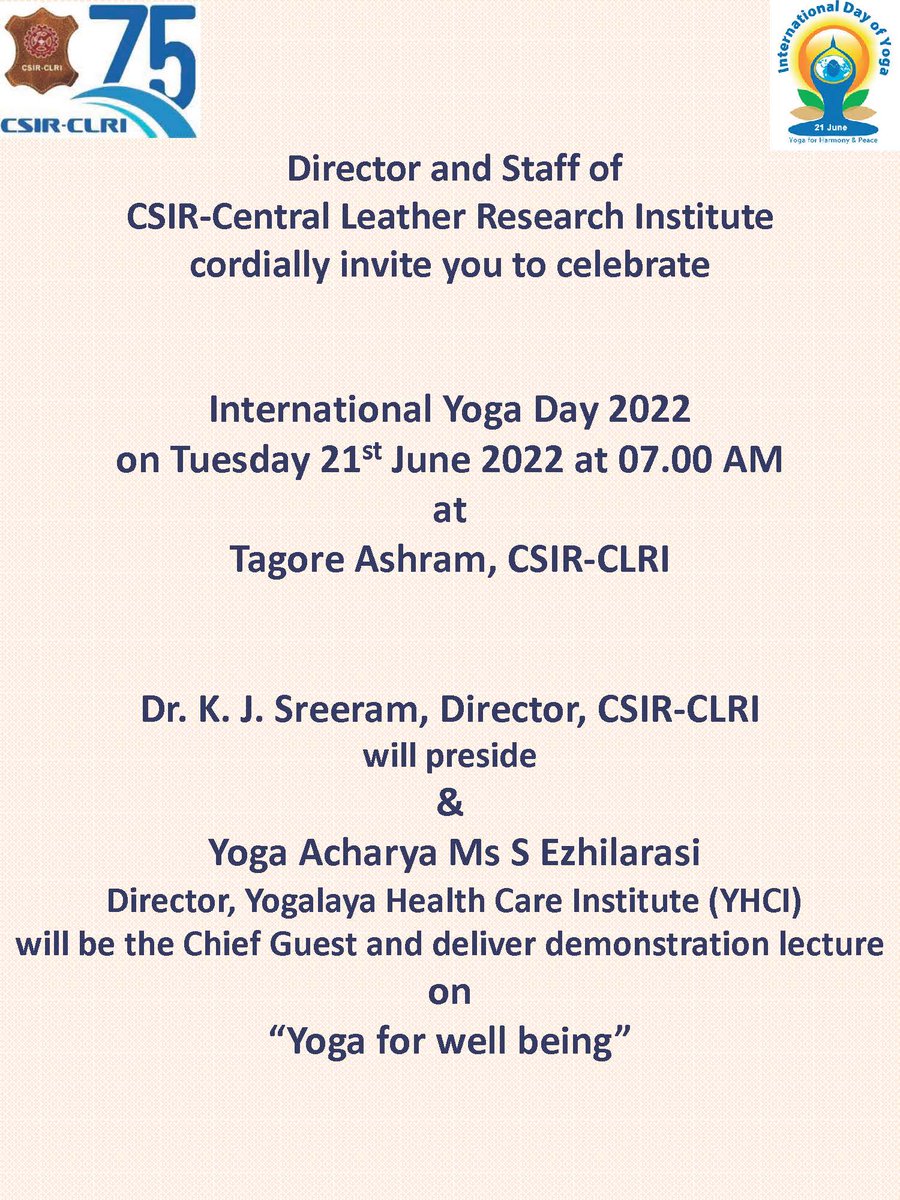 clriindia's tweet photo. International Yoga Day 2022 on Tuesday 21st June 2022 from 07.00 AM at Tagore Ashram, CSIR-CLRI 
@CSIR_IND @VigyanPrasar @kjsreeram @dgcsirIndia 
#InternationalYogaDay2022  #YogaDay  #yoga https://t.co/lqMOeHOSUh