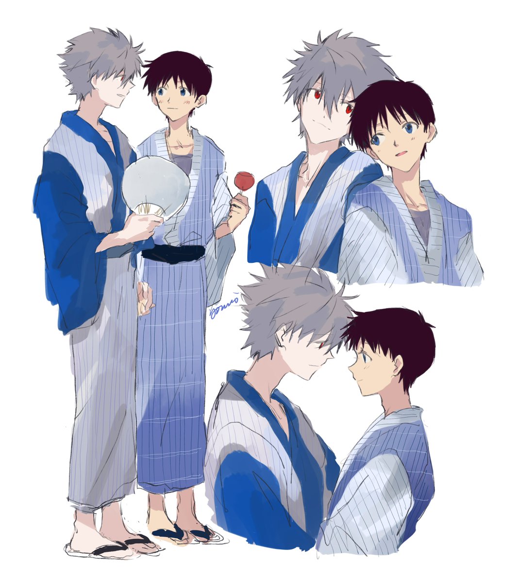 ikari shinji ,nagisa kaworu multiple boys 2boys male focus japanese clothes food red eyes looking at another  illustration images