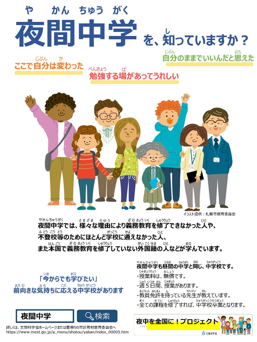 文部科学省 Mext 夜間中学hpリニューアル ポスター フライヤー作成のお知らせ 文部科学省は 夜間中学が少なくとも各都道府県 指定都市に1校 設置されることを目指しています 夜間中学 は 多様な生徒が再び学ぶことができる場です 詳細はこちら 文部科学省 Mext 夜間中学hpリニューアル ポスター フライヤー作成のお知らせ 文部科学省は 夜間中学が少なくとも各都道府県 指定都市に1校 設置されることを目指しています 夜間中学 は 多様な生徒が再び学ぶことができる場です 詳細はこちら