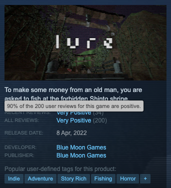 We just reached 200 reviews on Steam for lure with a 90% positive rating! Thank you for all the support, onward to 500. 🐠⭐️

store.steampowered.com/app/1849040/lu… #indiedev #gamedev #horrorgame #madewithunity