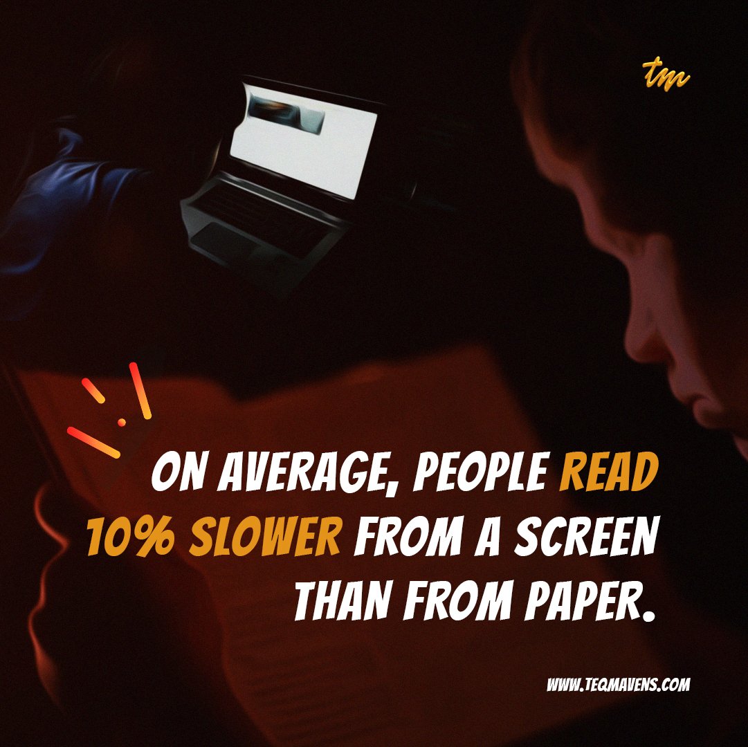 TeqMavens's tweet photo. Did you know???
On average, people read 10% slower from a screen than from paper.

#reading #screenreading #kindle #books #didyouknow #TeQMavens #LearnwithTeQMavens #LifeatTeqMavens #learnmore #technology #learn #secure #code #development https://t.co/ph9udyS8tT