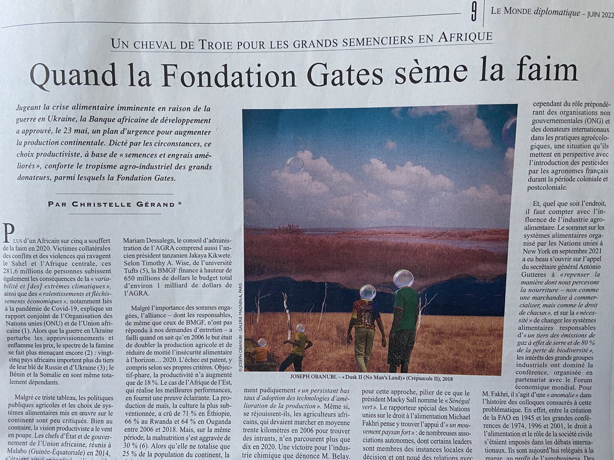 Pat988's tweet photo. Très  intéressant article dans ⁦@Monde_diplo⁩ sur l’influence néfaste du philanthrope 😂 Bill Gates sur l’agriculture en Afrique. Appauvrissement des sols, aggravation de la malnutrition, main mise de l’agrobusiness sur les politiques agricoles #afrique #paysan #famine https://t.co/nr4dJob202