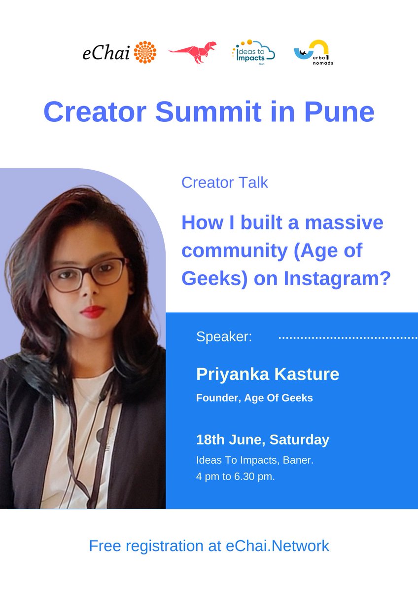 Creator Talk 4

Priyanka Kasture - Founder at Age Of Geeks, formerly Machine Learning India (MLI) with 243K+ on Instagram

Talk: How I built a massive community (Age of Geeks) on Instagram

@ageofgeeks_in @Priyanka_HK

Instagram: instagram.com/ageofgeeks.ind…

Register for Free