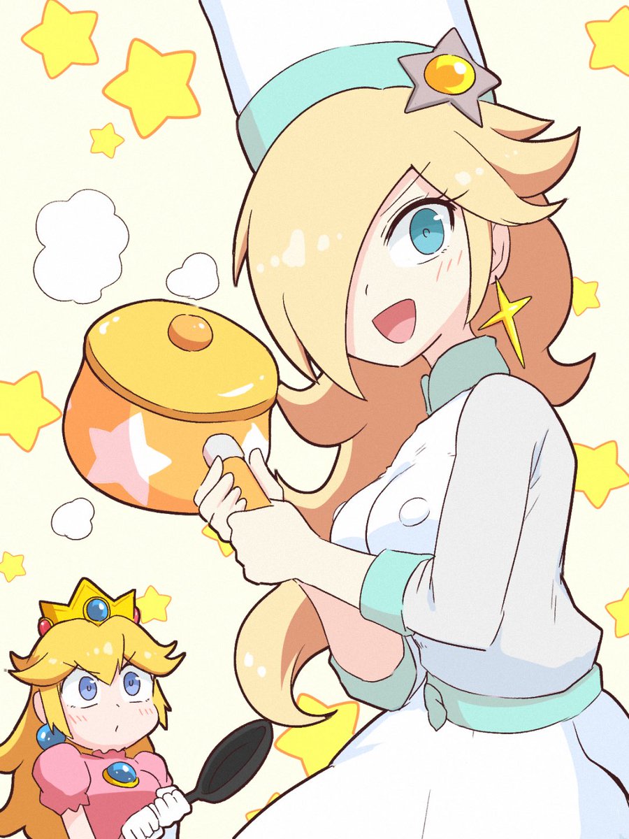 princess peach ,rosalina 2girls multiple girls blonde hair frying pan blue eyes star (symbol) earrings  illustration images