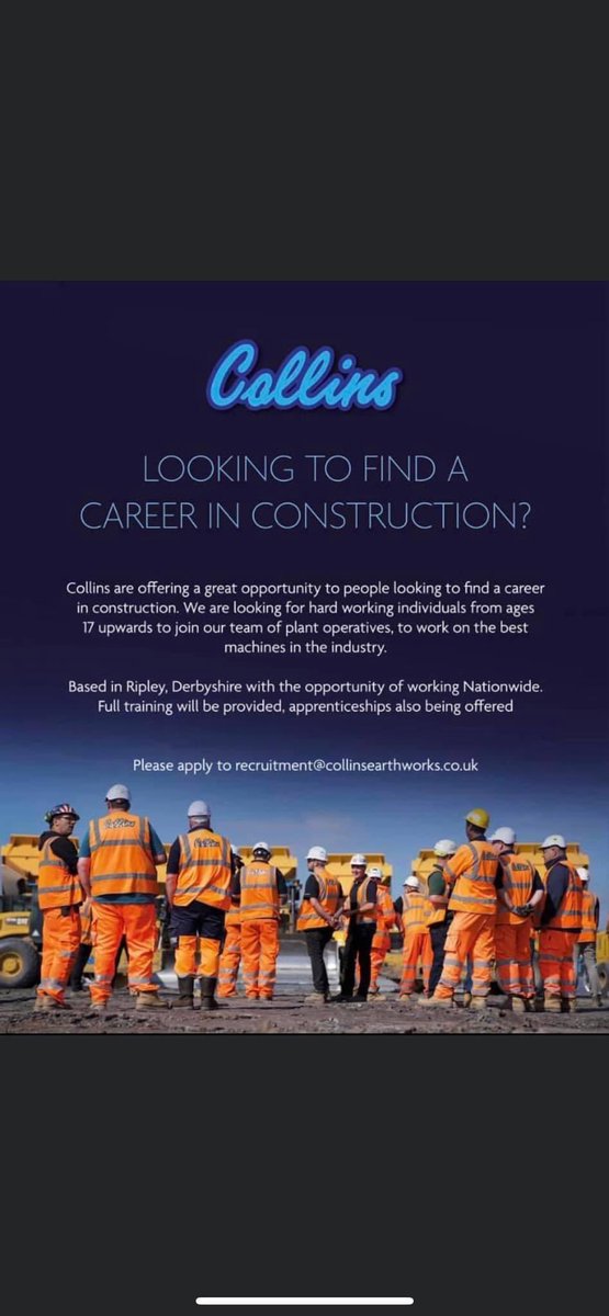 O5OGT's tweet photo. Collins Earthworks are currently recruiting. 
If you want a career change or already in the industry Apply at recruitment@collinsearthworks.Co.uk full training will be provided for the right candidates with real career progression.

#ConstructionJobs #Construction https://t.co/i0Uq9V7mC7
