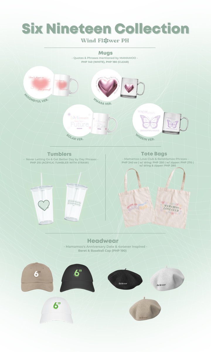 💎 Six Nineteen Collection 💎

Can't believe our Mamamoo will turn 8 in TWO DAYS🥺 Inspired by their journey, we made this collection. 💙 

🦋 DOP: 06/30, Open until 06/24
🦋 DM us for moomooshins, GAs &amp; giftings!

Pre-Order Here: tinyurl.com/SIXNINETEENCOLL

#WFPH_Products