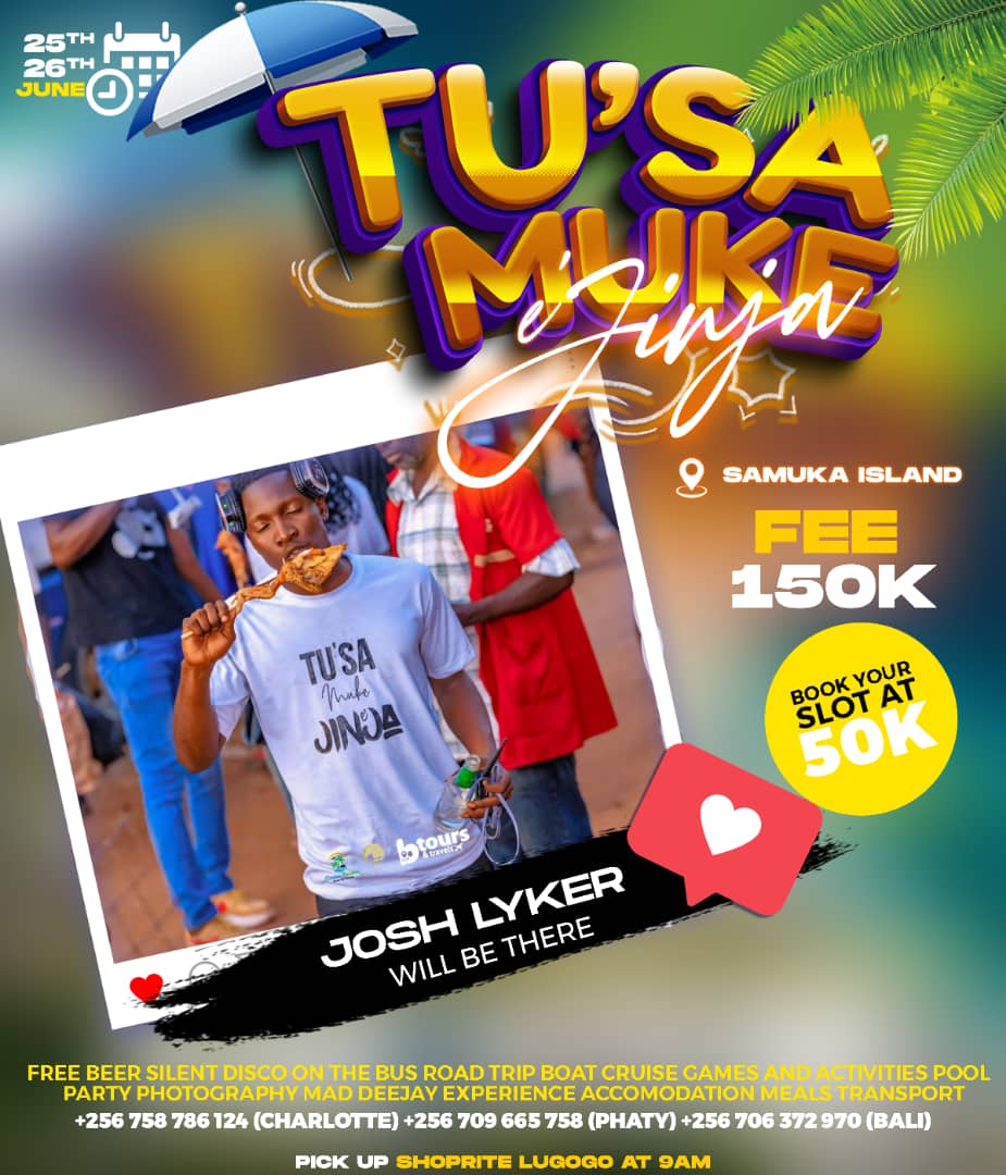 If you love fun and vybe 🔥 then #tusamukejinja is the thing for you!!! Book your slots early with <a href="/Fibo118508051/">Fibo Safaris</a>
<a href="/atlas_tribe/">Atlas Tribe</a>
<a href="/Fibo118508051/">Fibo Safaris</a>
<a href="/charlottebae/">Charlotte Bae</a>
<a href="/TripGurus_Ug/">Trip Gurus Uganda🇺🇬</a>
<a href="/josh_lyker/">J O S H L Y K E R🦁</a>
<a href="/Ryan_Glen1/">Mr Photographer</a>
<a href="/parame_tours/">Parame Tours</a>
<a href="/MRRIGHTEVENTSA2/">MR RIGHT EVENTS AND DECOR UG</a>