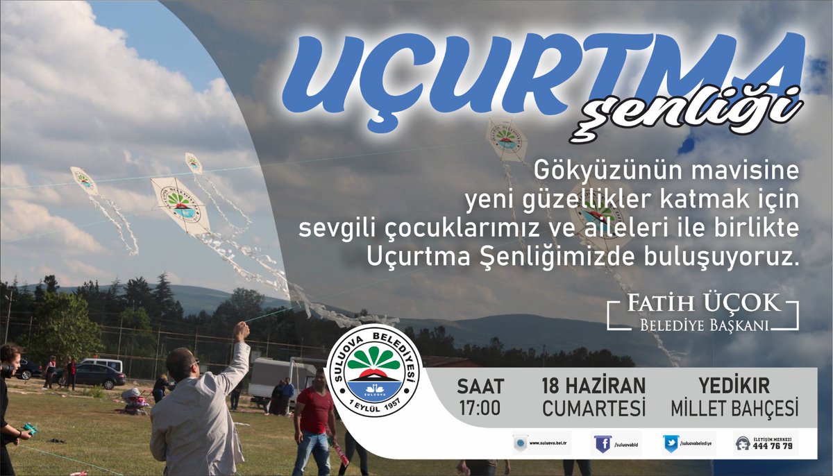 Uçurtmalar bizden, uçurması sizden. 😊

18 Haziran'da Müzik Eğlence programı ve Uçurtma şenliğinde buluşalım.🎈 

📅 18 Haziran 2022
⏰ 17.00
📌 Yedikır Millet Bahçesi 

#Suluova 
#BizimŞehrimizBizimGeleceğimiz