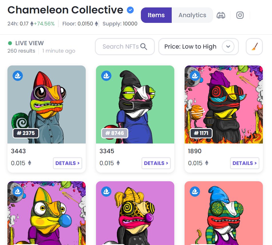 260 total listed (2.6% + we've burned nearly 300). Amazing tech. Awesome community still building. Only 56 to mint price. Today is a good to day add a <a href="/Chameleon_NFT/">The Collective</a> ❤️‍🔥❤️‍🔥