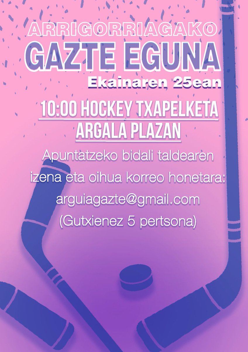 Badator Gazte Eguna eta berarekin batera, klasiko bat: 

HOCKEY TXAPELKETA!!! 🏒🥅

Anima zaitezte eta apuntatu arguiagazte@gmail.com helbidean ekainaren 23a baino lehen!