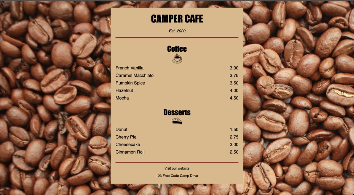 willforcoding's tweet photo. Day 6 - Basic CSS
Continue project based learning, I really like this way, because we can have finished project after learning and can customize it.

Finished @freeCodeCamp Learn Basic CSS by Building a Cafe Menu
- More details... ➡️  https://t.co/GaRYJaZnf5

#100DaysOfCode https://t.co/eKapVJWmsM