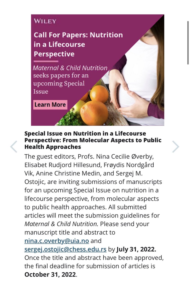 feed_uia's tweet photo. We are so happy to share the call for papers for our Spesial issue on Nutrition in a lifecourse perspective, in Maternal and Child Nutrition. If you are interested, take a closer look at the call on the MCN website. https://t.co/UipSWPY7GQ