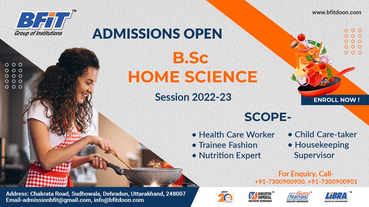 BFITGroup's tweet photo. Get admission To #BFIT Group of Institutions to pursue BSc. Home Science. 

#admissionsopen2022 #homesscience https://t.co/Goh5ua262O