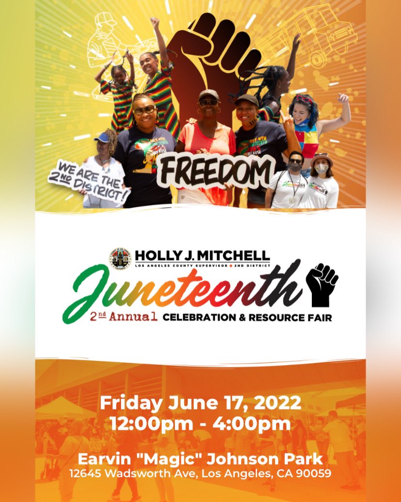 Hey hey project rebound family and community check out Holly J.Mitchell 2nd Annual Juneteenth Celebration and Resource Fair! 
When: Friday June 17, 2022
Time:12:00pm - 4:00pm
Where :Earvin "Magic" Johnson Park
12645 Wadsworth Ave, Los Angeles, CA 90059
*REGISTRATION REQUIRED*