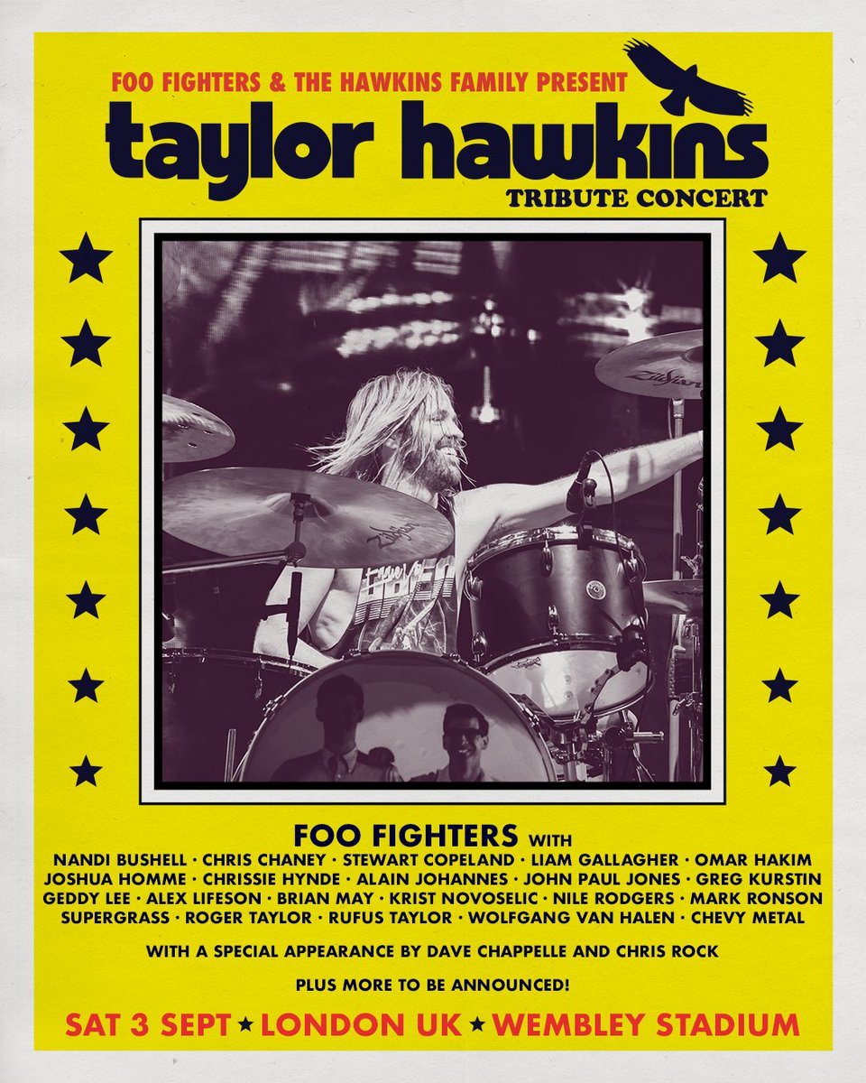 Welcome newly added guest artists to The Taylor Hawkins Tribute Concert in London! Tickets are on sale today at 9AM local time. foofighters.lnk.to/THUK22 The Taylor Hawkins Tribute Concerts will benefit charities in both the US & UK chosen by the Hawkins family. Details to follow.