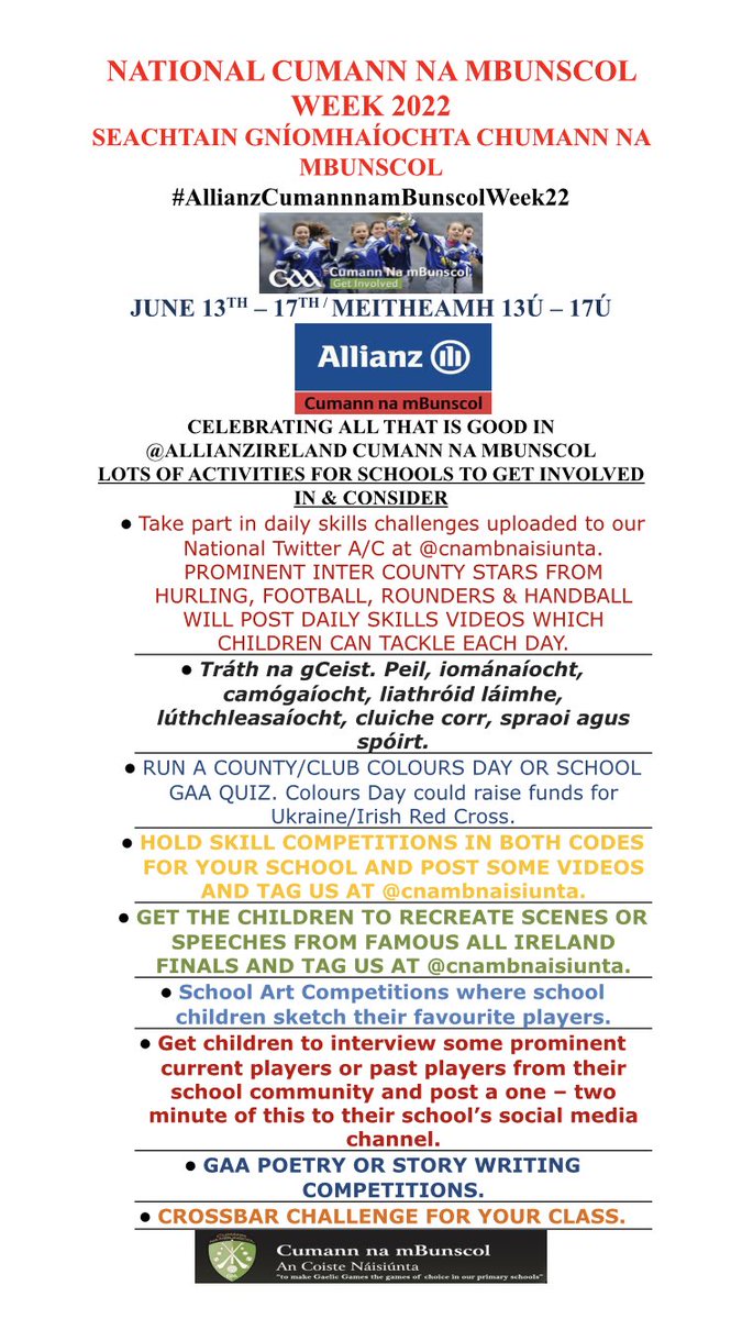 Cumann na mBunscol (@cnambnaisiunta) on Twitter photo Our final day of <a href="/AllianzIreland/">Allianz Ireland</a> #AllianzCumannnamBunscolWeek22 has arrived.
The week has exceeded all our expectations. Thanks to the hundreds of schools that have engaged with our menu of activities.
Why not take on a skill challenge or other activity for our last day! Our final day of <a href="/AllianzIreland/">Allianz Ireland</a> #AllianzCumannnamBunscolWeek22 has arrived.
The week has exceeded all our expectations. Thanks to the hundreds of schools that have engaged with our menu of activities.
Why not take on a skill challenge or other activity for our last day!