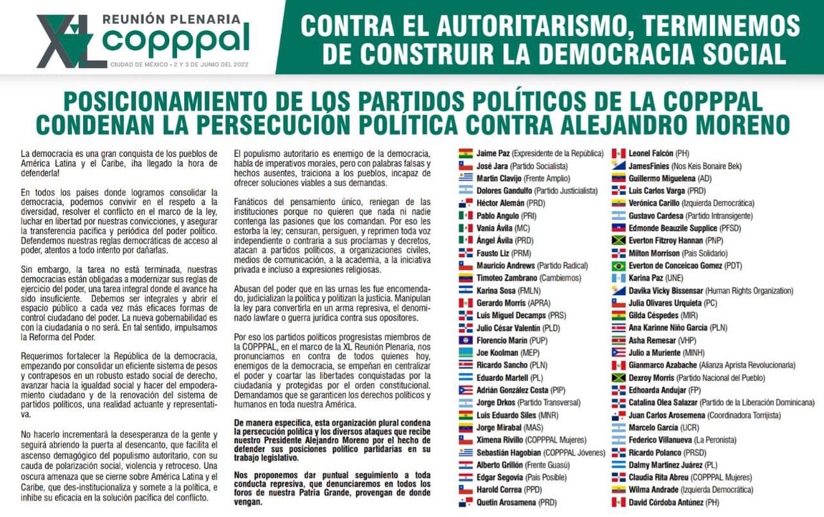 Comparto mensaje solidarios de los Partidos Políticos de la COPPPAL con nuestro presidente <a href="/Alejandro/">Alejandro</a> Moreno, expresando nuestra condena a la persecución politca que enfrenta en México.#JGK, #vicepresidentecopppalaruba