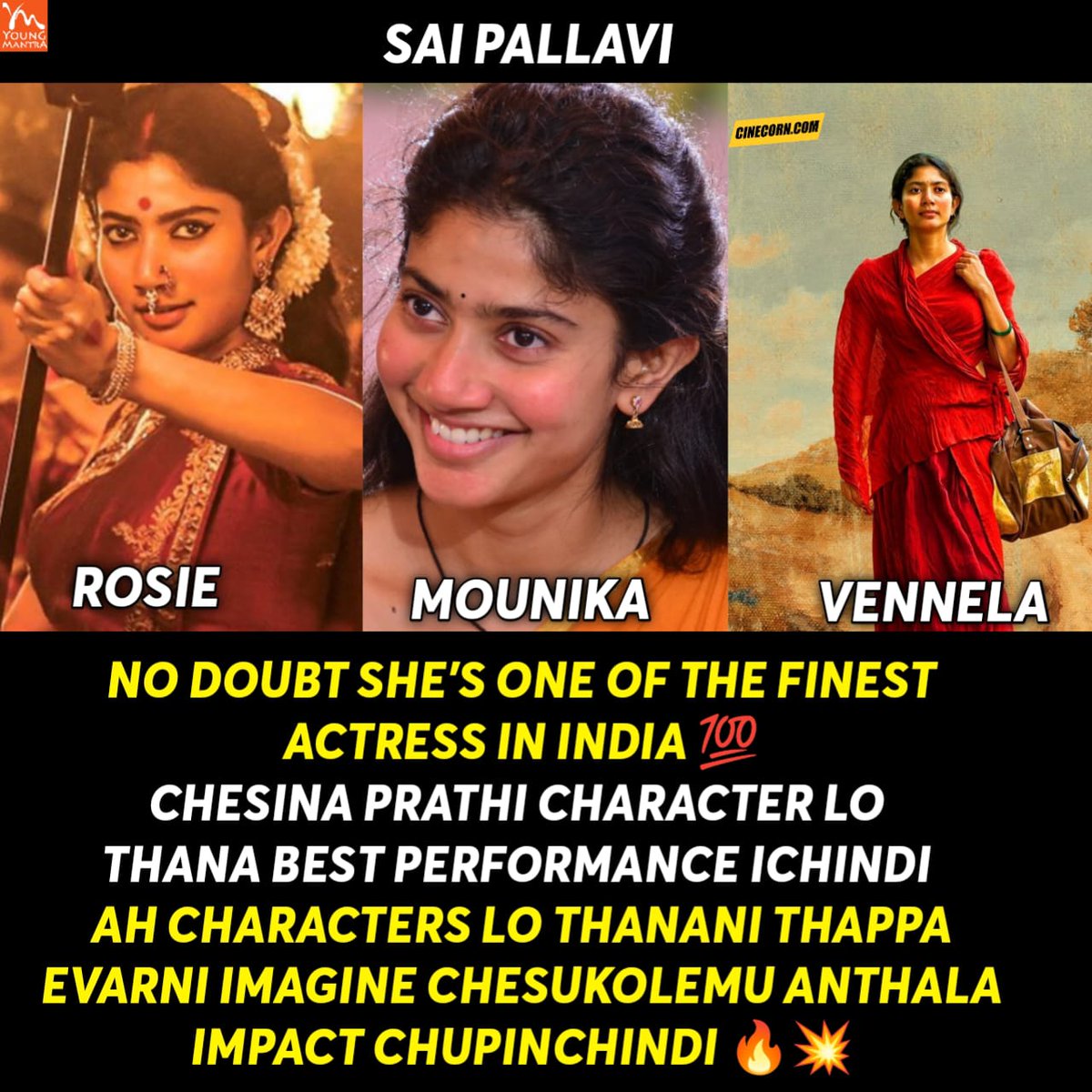 #Rosie #Mounika #Vennela 
No Doubt She's One Of the Finest Actress In #India
<a href="/Sai_Pallavi92/">Sai Pallavi</a> #VirataParvam 
<a href="/sudhakarcheruk5/">sudhakar cherukuri</a> <a href="/SLVCinemasOffl/">SLV Cinemas</a>