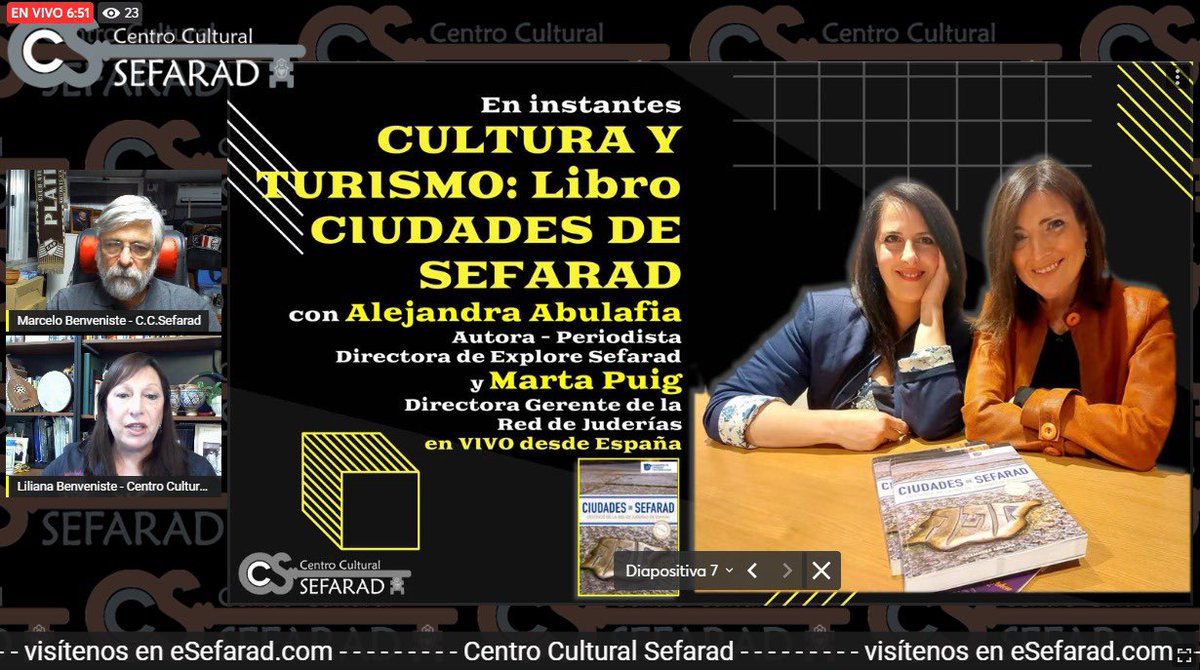 PuigQuixal's tweet photo. Trasnochar en noches de verano es menos trasnochar!! 
Ayer presentamos Ciudades de Sefarad con el Centro Cultural de Buenos Aires&amp;eSefarad y pasamos un rato muy agradable entre amigos. Alejandra contó su gran historia. 
Acabó tarde y empezamos pronto. Así somos en @redjuderias https://t.co/yr9M2pirEr
