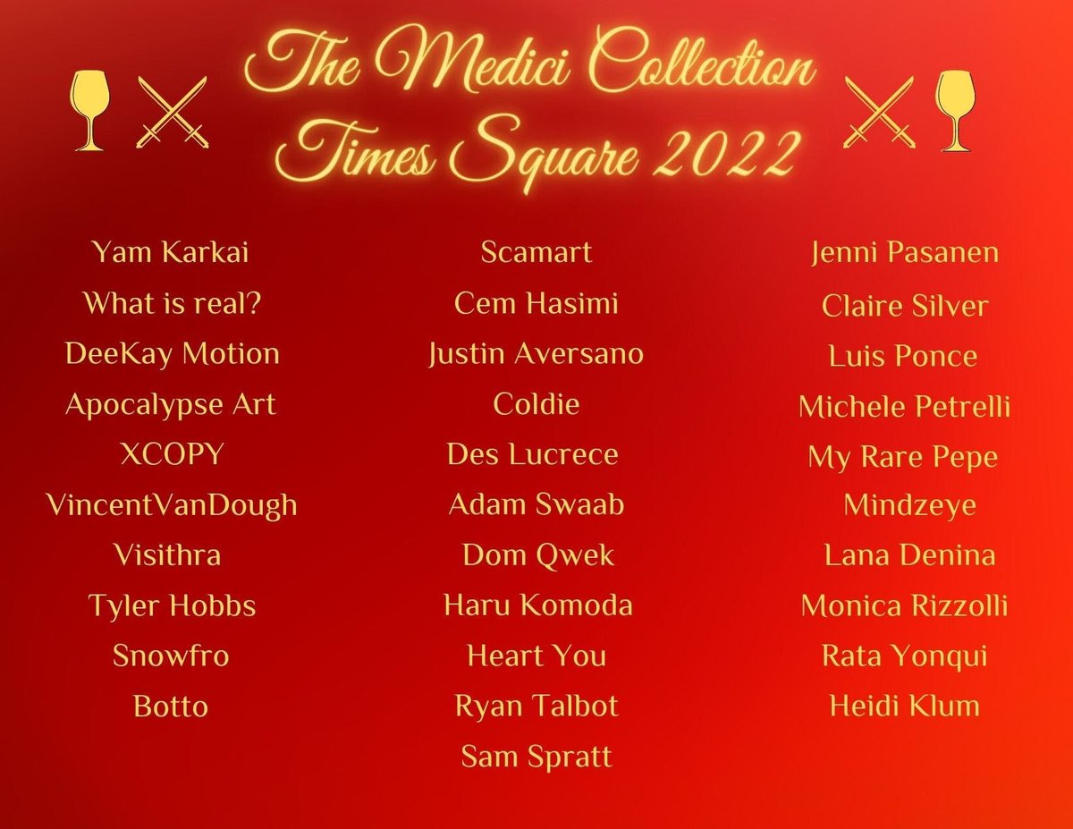 Scamart's tweet photo. Every week Thursday bring something special, #mediciminutes  but today the simulation was confirmed again. Truly honored and humbled to feature along with some of my favorite artists and legends on some face melting screens in Times square. unreal.
Thank you ser @CozomoMedici ! https://t.co/wNFJqxSIeb