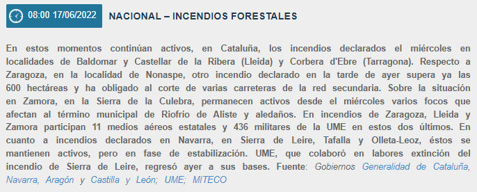dsn's tweet photo. 17jun2022 #NacionalDSN🇪🇸 - Incendios Forestales #IIFF #IFYesa, #IFHervás #IFRiofrioDeAliste, #IFLeyre #IFCastellarRibera, #IFArtesadeSegre, #IFNonaspe  @mitecogob @UMEgob https://t.co/iUpBUjeU40 https://t.co/OyzmIH6FOj