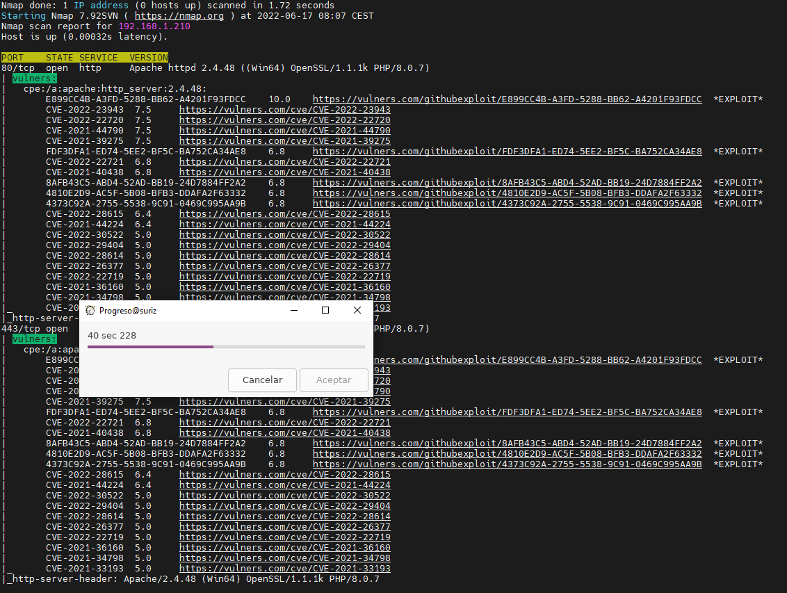 seguridadyredes's tweet photo. #nmap/ #zenity / #vulners

seq 200 252 | parallel -j 5 --bar '(nmap -sV 192.168.1.{} --script vulners -p80,443 --open -T5)' 2> >(zenity --progress --auto-kill --auto-close) | colout 'PORT.*' orange reverse | colout 'vulners\:' green reverse https://t.co/PD3zSXcOQb