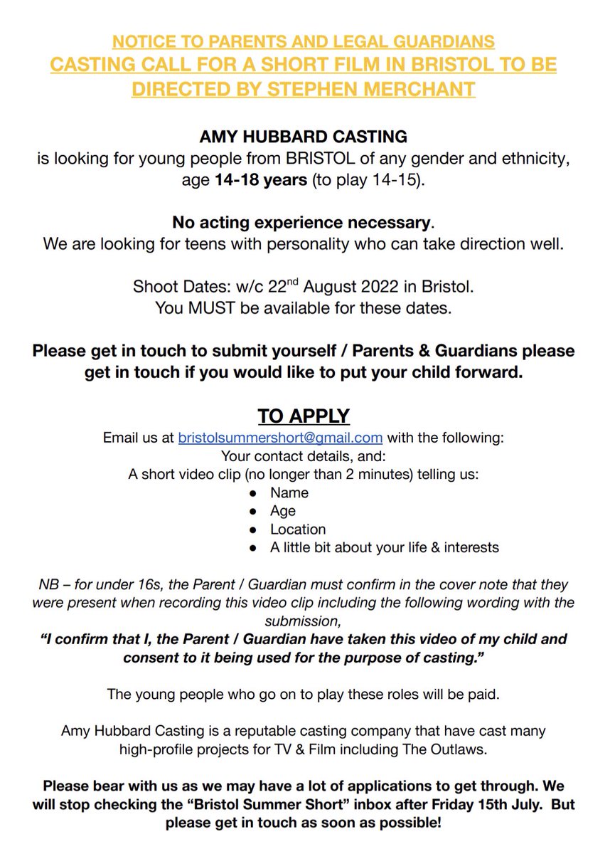 📢 Bristol and thereabouts … great opportunity here for 14-18 yr olds from @StephenMerchant let’s hear from you 👂#casting #castingcall #Bristol bristolsummershort@gmail.com #DiversityandInclusion