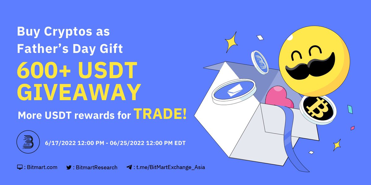 BitMartResearch's tweet photo. 🔥Buy #Cryptos  as #FathersDay Gift, 600+ $USDT #Giveaway
1⃣Follow @BitMartResearch
2⃣Like, RT &amp; Tag 3 frds
3⃣Register &amp; Verify KYC
4⃣Trade any digital assets ≥ $100 on #BitMart
5⃣Fill out: https://t.co/oQTyHaboyh

More $USDT rewards for TRADE!
#Airdrop #cryptocurrency https://t.co/lDmJyH7QXR