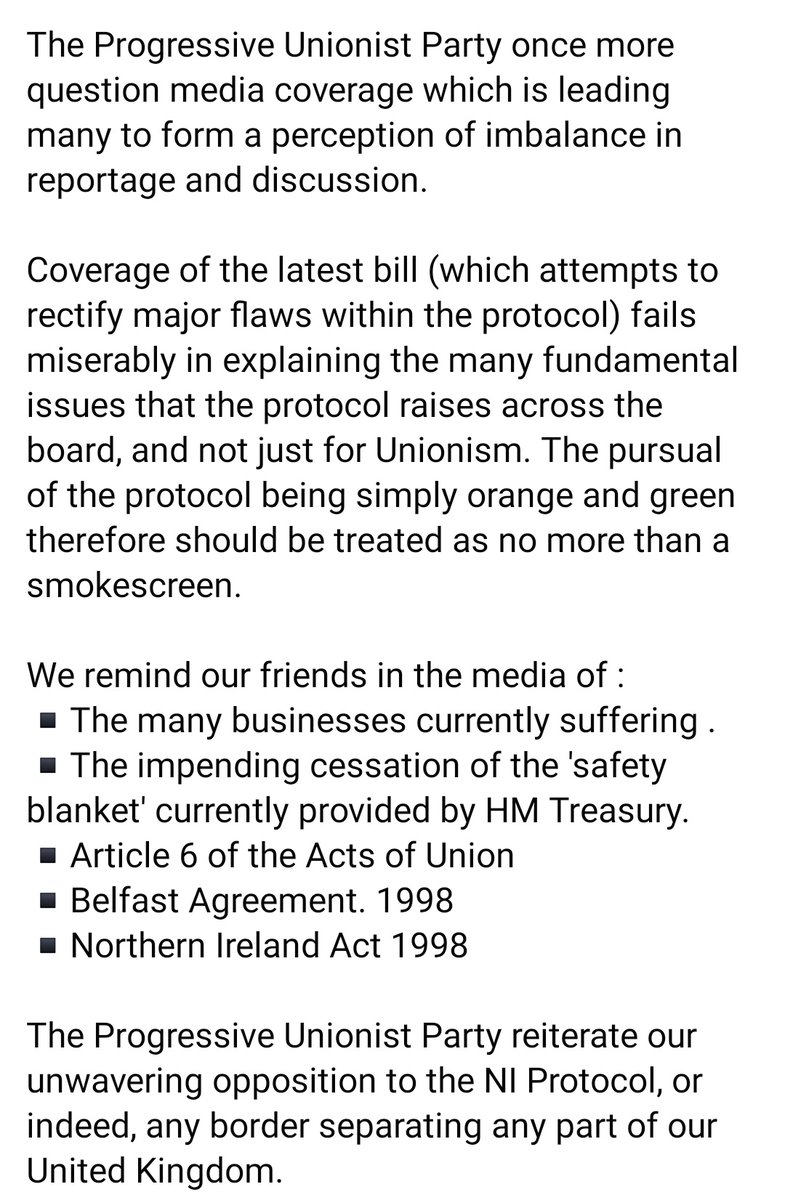 OfficialPUP's tweet photo. "Coverage of the latest bill (which attempts to rectify major flaws within the protocol) fails miserably in explaining the many fundamental issues that the protocol raises across the board, and not just for Unionism."

Full statement below https://t.co/D0TCsYxuwP
