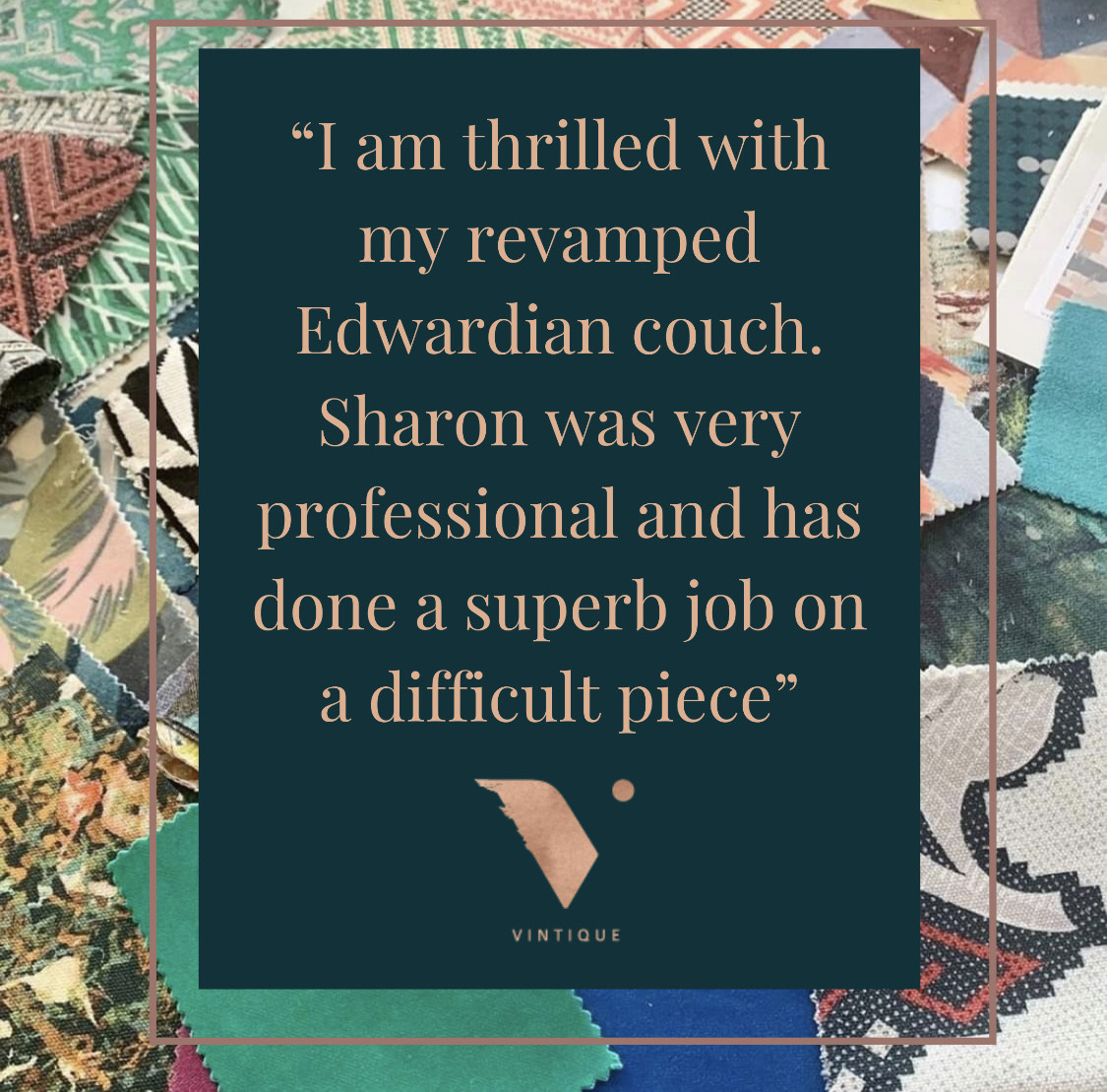 More fabulous five-star feedback from a satisfied customer
“Sharon's artistic flair is obvious in the way she has applied the fabric pattern. She provided numerous fabric samples and advice and was very patient while I made up my mind.”
 
Amanda Evans | 5 stars