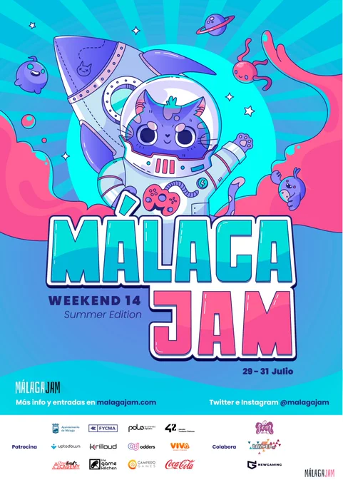 cartel oficial de la málagajam weekend 14 edición de verano para anunciar la gamejam. en el cartel aparece un gato precioso astronauta con los colores corporativos de la asociación (morado, azul y rosita). el gato astronauta tiene detrás un súper cohete con diferentes alienígenas alrededor con un diseño adorable. 

la málagajam weekend 14 se celebra del 29 al 31 de julio en las instalaciones del polo nacional de contenidos digitales (donde la antigua tabacalera). la página web para comprar las entradas es www.malagajam.com.

aparecen también los patrocinadores del evento: ayuntamiento de málaga, fycma, polo nacional de contenidos digitales, telefónica málaga 42, uptodown, krilloud, odders lab,, viva games studio, stega academy, the game kitchen, campero games y cocacola.

también los logos de colaboradores: femdevs, gaymer y newgaming.

el cartel es super bonito y nos encanta!! diseñado por Laura V. @RawrSweet
