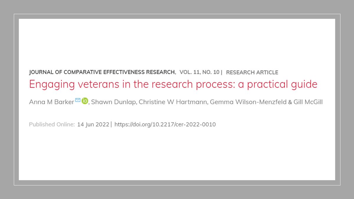 Northern Hub for Military Research (@northern_hub) on Twitter photo Want to engage #veterans in the research process? Build trust.
Our collaborative, cross USA & UK case study paper with <a href="/VA_CHOIR/">VA Health Systems Research, Bedford/Boston</a> has been published in @fsgcer
Read it here👉 doi.org/10.2217/cer-20…
<a href="/AnnaMBarker/">Anna Barker</a> <a href="/veterananthro/">Taco Tuesday</a> @cwhartmann1 <a href="/gwilsonmenzfeld/">Dr Gemma Wilson-Menzfeld</a> <a href="/GillMcGill2/">Dr Gill McGill</a> Want to engage #veterans in the research process? Build trust.
Our collaborative, cross USA & UK case study paper with <a href="/VA_CHOIR/">VA Health Systems Research, Bedford/Boston</a> has been published in @fsgcer
Read it here👉 doi.org/10.2217/cer-20…
<a href="/AnnaMBarker/">Anna Barker</a> <a href="/veterananthro/">Taco Tuesday</a> @cwhartmann1 <a href="/gwilsonmenzfeld/">Dr Gemma Wilson-Menzfeld</a> <a href="/GillMcGill2/">Dr Gill McGill</a>