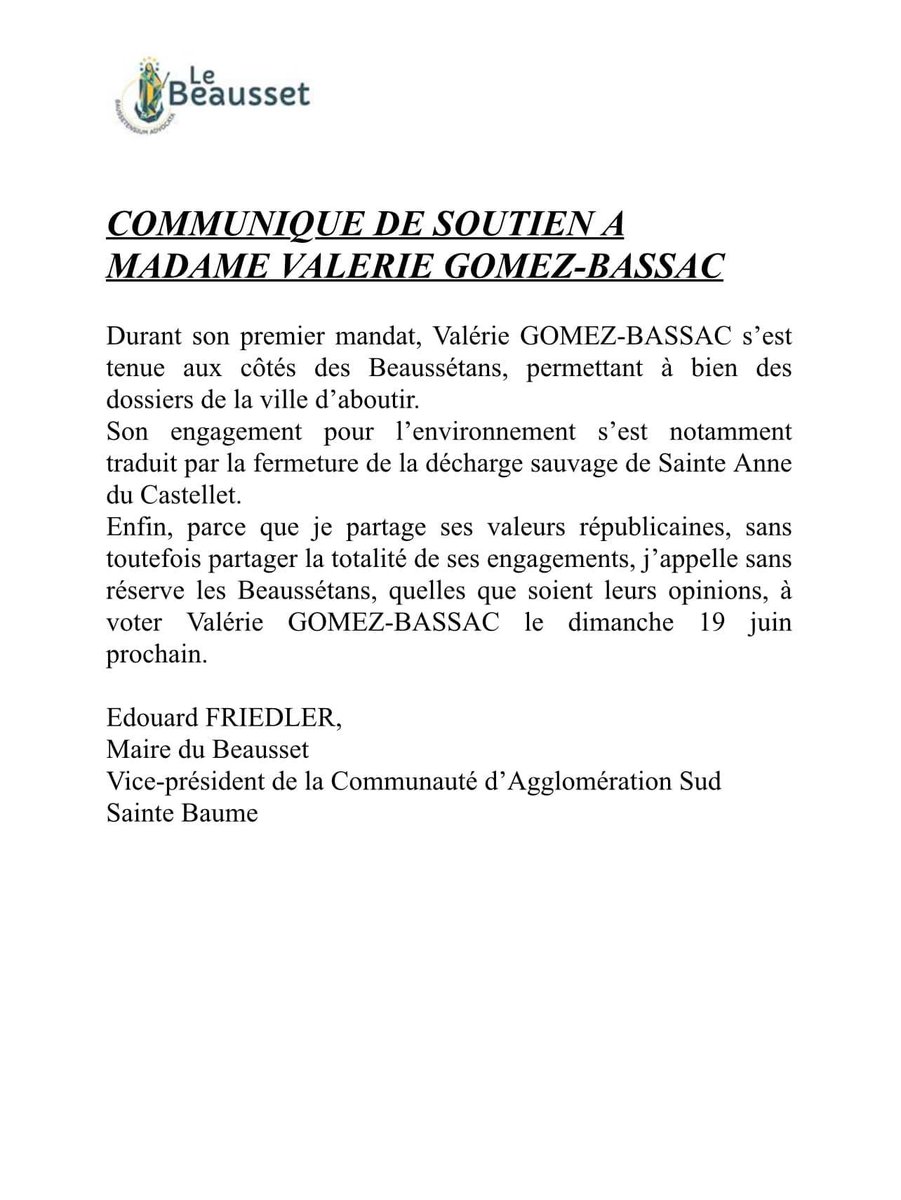 Je remercie Monsieur Edouard FRIEDLER,
Maire du Beausset, Vice-président de la Communauté d’Agglomération Sud Sainte Baume pour son indéfectible soutien.

#lebeausset #AvecVous #legislatives2022