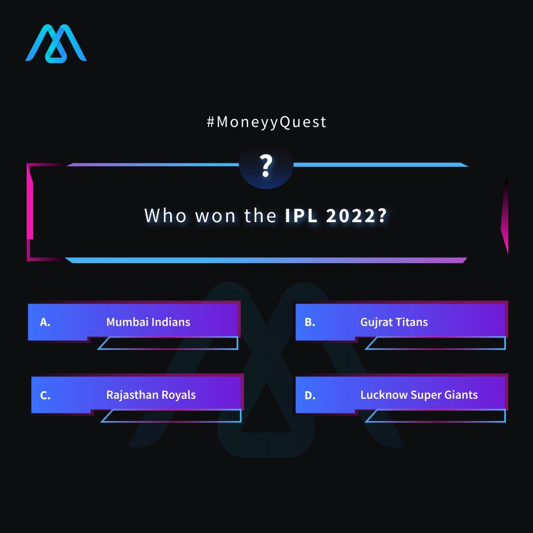Hola creators!! #MoneyyQuest is here, excited?!

Why wait if you know the answer?
Comment it down below and don’t forget to mention #MoneyyQuest !!!!!

#MoneyyApp #MoneyyQuest #IPL #IPL2022 #generalknowledge