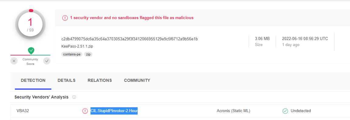 v1_viper's tweet photo. @KeePassXC Why @virustotal show me what your file is infected ? 

Thank you https://t.co/ane8qdqEON