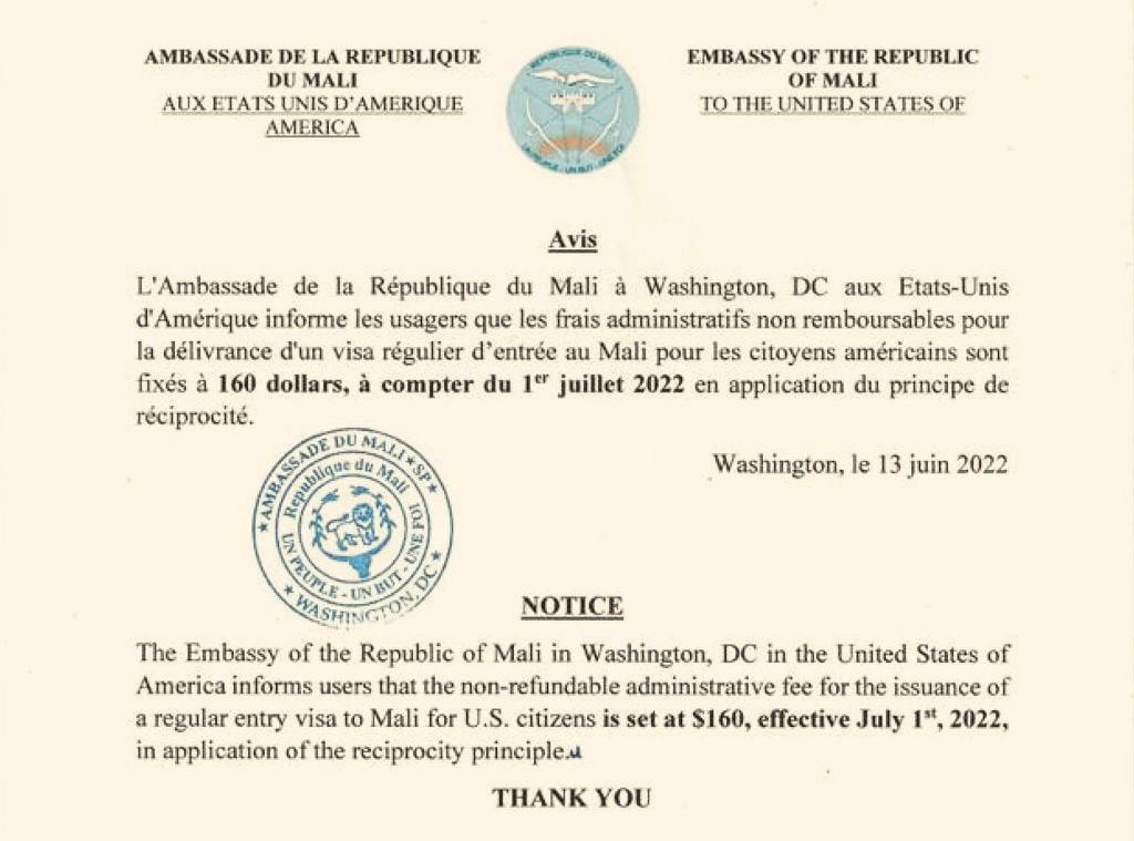 malivox's tweet photo. 🔴Nouveau tarif pour la délivrance du visa d'entrée au #Mali depuis les #USA "en application du principe de réciprocité". https://t.co/DBA6N5aJoE
