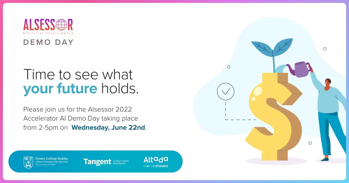 TCD Tangent @ Portal (@tcdportal) on Twitter photo 💥📢Alsessor Demo Day is back ‼️💥
T- minus 5 days till the finale of Ireland's premier AI accelerator this Wed 22 June at Tangent <a href="/tcddublin/">Trinity College Dublin</a> w/ partner <a href="/AltadaSolutions/">Altada Technology Solutions</a>. Be part of the action - register here: bit.ly/AlsessorDemoDa… 💥📢Alsessor Demo Day is back ‼️💥
T- minus 5 days till the finale of Ireland's premier AI accelerator this Wed 22 June at Tangent <a href="/tcddublin/">Trinity College Dublin</a> w/ partner <a href="/AltadaSolutions/">Altada Technology Solutions</a>. Be part of the action - register here: bit.ly/AlsessorDemoDa…