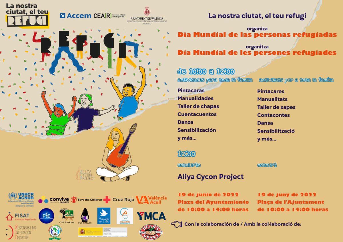MaiteIbanez's tweet photo. 🌐 Este domingo celebraremos el Día Mundial de las Personas Refugiadas con actividades familiares en la plaza del @AjuntamentVLC

🎸 Actuaciones musicales, danza, cuentacuentos, lecturas, talleres y mucho más @lanostraciutat1

https://t.co/U4h9RmHblB https://t.co/WgRTOMY4nJ