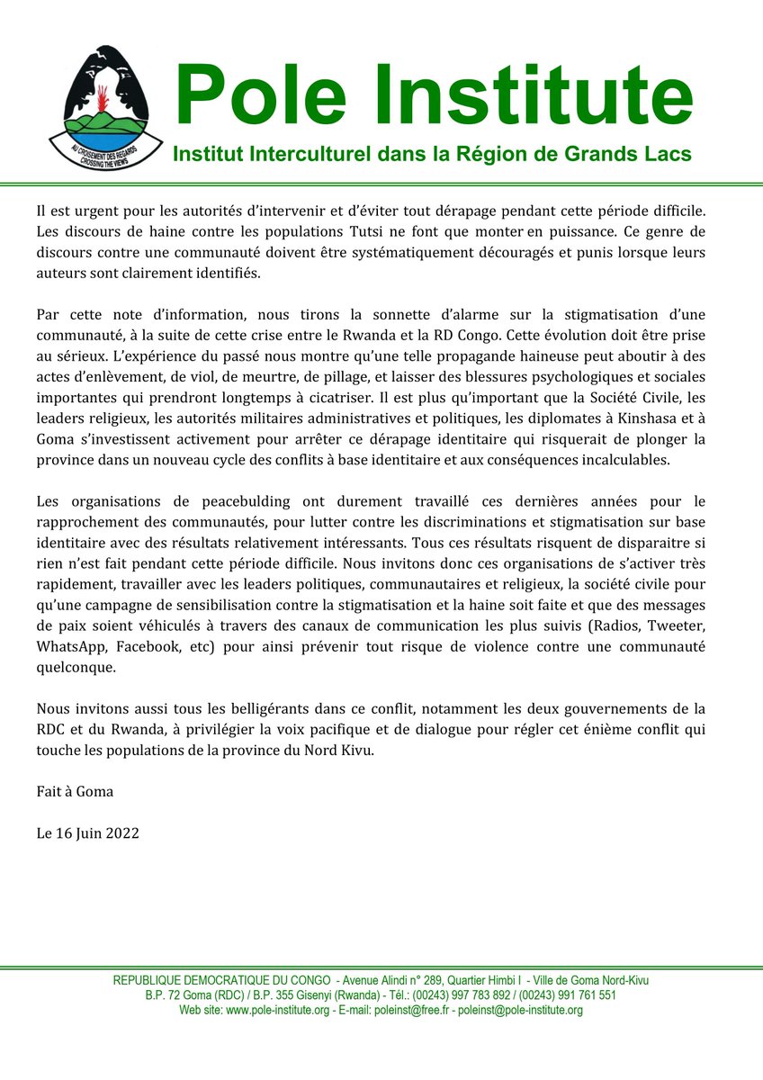 kongoecho's tweet photo. Pole Institute in #Goma #DRC has issued a statement on anti-Tutsi violence, condemning the equating of Tutsi with #M23 (or indeed anyone with an armed group just because of ethnic ties) https://t.co/zCsfVxqUJ0
