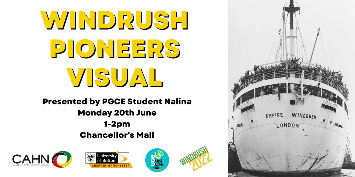 Join @uobunilife on Monday 20 June 2022 for a Windrush presentation presented by one of our PGCE students, Nalina!

The presentation will be held between 1-2pm in Chancellor’s Mall and you will earn 1 hour of enrichment for attendance!
 
eventbrite.co.uk/e/368140838157