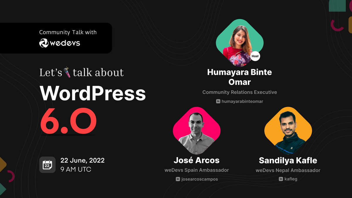 weDevs_Show's tweet photo. The new WordPress 6.0 “Arturo” has been launched with major enhancements and improvements!  

RSVP to join us in our discussion !
https://t.co/bQIkETcbha
Set a reminder to your calendar 👉⏰
Date: 22/06/22
Time: 9am UTC https://t.co/vzjEK6cgXB