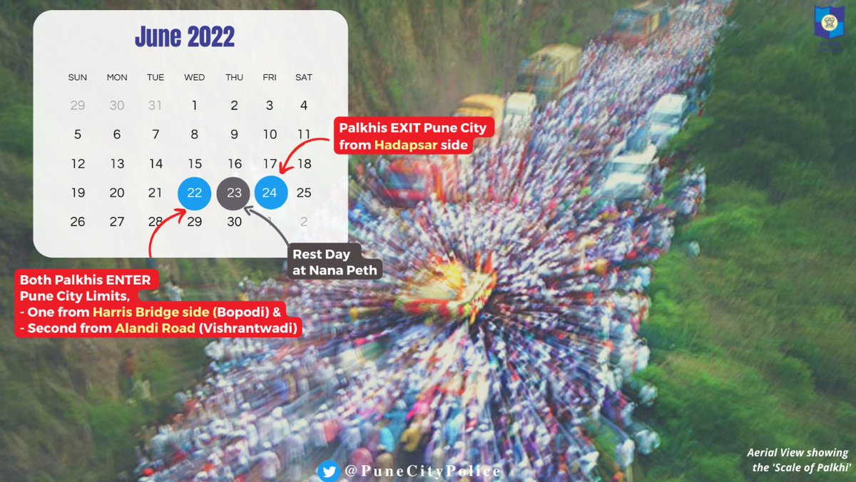 PuneCityPolice's tweet photo. #Pune citizens &amp; all visitors who plan to travel to Pune around this time, PLS MAKE A NOTE of these IMPORTANT DATES. #share

लाइव्ह पालखी ट्रॅकिंग URL लवकरच शेअर केली ��ाईल. ..

#PunePolice #Wari2022 https://t.co/WESBLIhpnc
